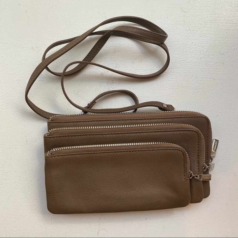Danier Leather 3 Zipper Taupe Crossbody Bag